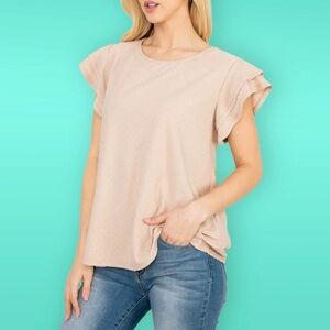 Perfect Peach Swiss Dot Double Ruffle Sleeve Pullover Blouse S (4/6) Light Tan